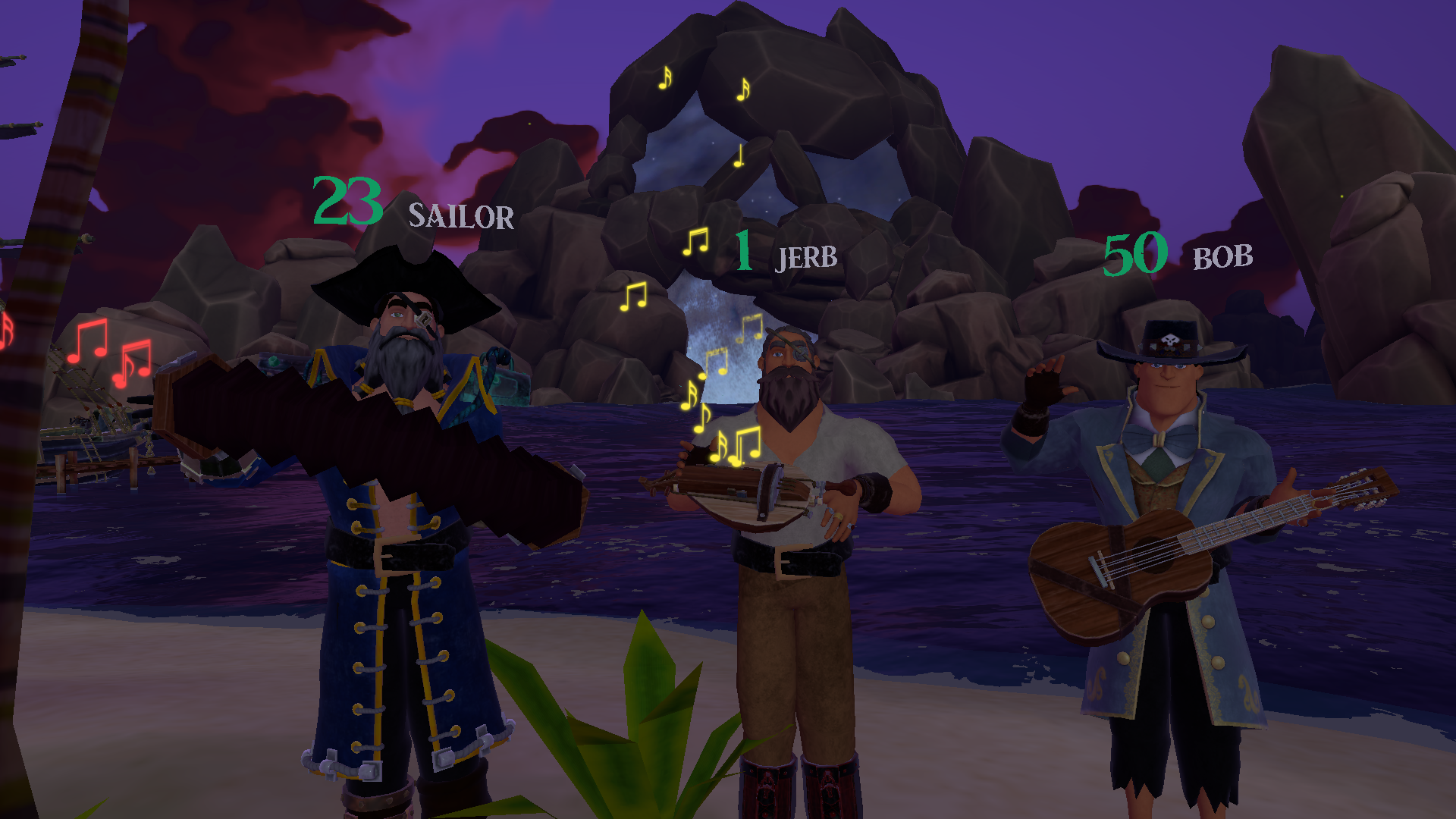 Pirates playing music together on a beach in Sail VR